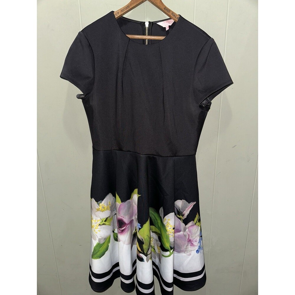 Ted Baker Vidaa Black Floral Forget Me Not Dress Size 4 Stretchy No Belt